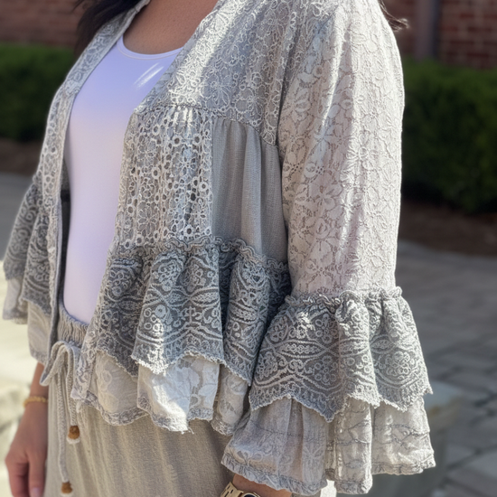 Close-up detail of Boho Patchwork Lace Ruffle Shrug showing lace trim and ruffle sleeve