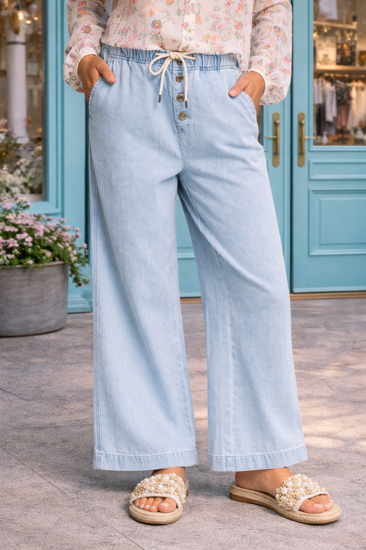 close up of light wash wide leg denim pants with drawstring waist styled with flowy boho blouse and sandals outside boutique with turquoise doors