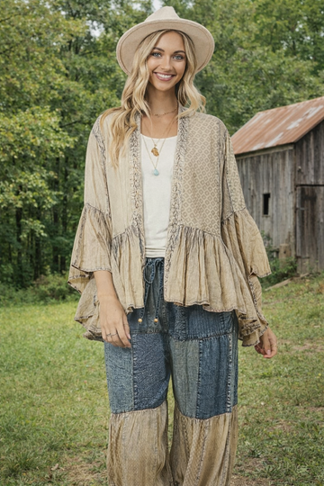 Young Threads Elegant Boho Frill Kimono Shrug in latte neutral, styled with patchwork pants and a felt hat, featuring flowy sleeves and a relaxed boho silhouette outdoors